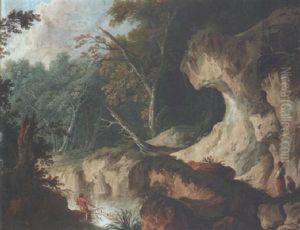Wooded Landscape With Figures By A Pool And Fisherman Haulig His Net