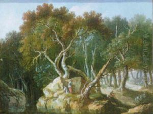 Wooded Landscape With Figures Beside A Pool by Louis-Philippe Crepin
