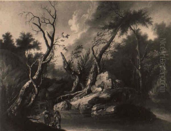 A Wooded Landscape With Peasants Conversing By A Pool - view 1