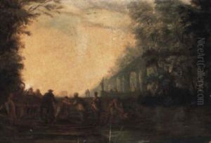 Figures Alighting From A Boat Into An Ornamental Garden by Louis-Philippe Crepin