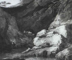 Paysage Aux Rochers Et A La Source, Anime De Personnages Et Troupeau