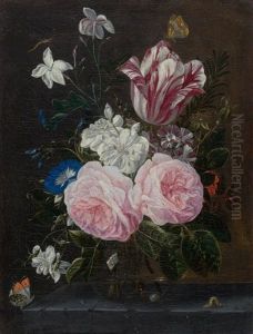 Bouquet Of Flowers In A Glass Vase With Butterflies And A Small Caterpillar On A Stone Plinth