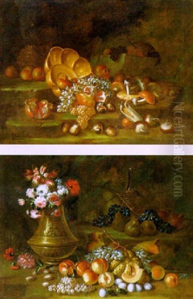 Natura Morta Con Uva, Melograni, Funghi E Bacile In Ottone - view 1