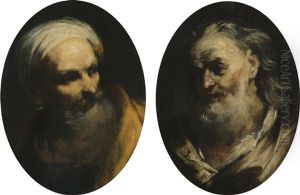 Study Of A Bearded Man Wearing A Turban, Head And Shoulders, Looking Right; Study Of An Elderly Bearded Man, Looking Left by Giuseppe Maria Crespi