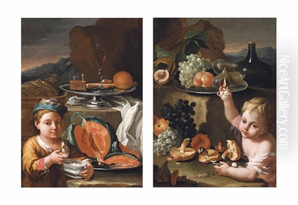 A Boy In A Rocky Landscape Eating A Pumpkin On A Silver Platter, With An Orange, Glasses And Sweatmeats On A Silver Tray On A Partly Draped Ledge, Beside A Wine Jug In A Bowl (+ A Boy Eating Grapes With Mushrooms And Peaches In A Rocky Landscape, With Fig - view 1