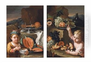 A Boy In A Rocky Landscape Eating A Pumpkin On A Silver Platter, With An Orange, Glasses And Sweatmeats On A Silver Tray On A Partly Draped Ledge, Beside A Wine Jug In A Bowl (+ A Boy Eating Grapes With Mushrooms And Peaches In A Rocky Landscape, With Fig