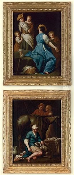 An Interior With Two Women And Three Children (+ An Interior With A Woman, A Dog, A Donkey And Two Young Men; Pair) - view 1