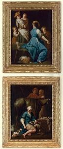 An Interior With Two Women And Three Children (+ An Interior With A Woman, A Dog, A Donkey And Two Young Men; Pair) by Giuseppe Maria Crespi