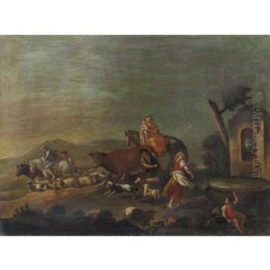 Contadini Con Il Gregge Vicino A Una Fontana