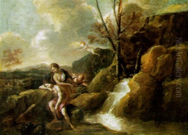 Mythologische Szene In Einer Gebirgslandschaft Mit Einem Wasserfall - view 1