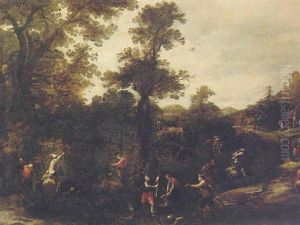 A Wooded Landscape With A Boar Hunt A Wooded Landscape With A Boar Hunt