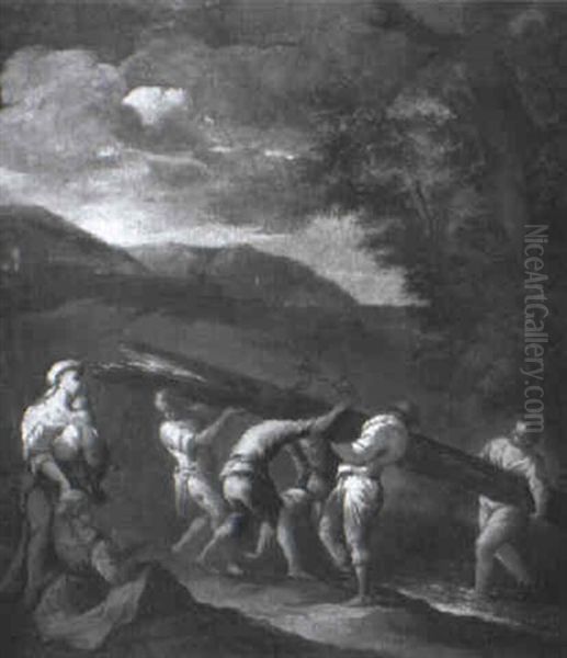 Pesants Handling A Fallen Tree In Landscape - view 1