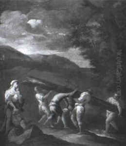 Pesants Handling A Fallen Tree In Landscape by Giuseppe Maria Crespi