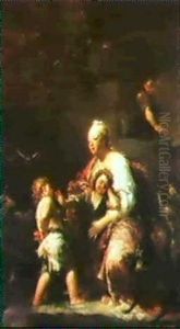 Donna Con Due Bambini Che Bisticciano by Giuseppe Maria Crespi