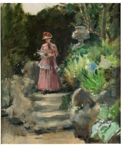 Junge Frau Mit Sommerhut Und Blumenstrauss Auf Einer Gartentreppe