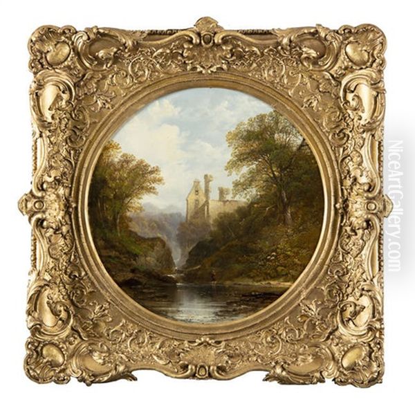 Fisherman By Ruins In A Wooded River Landscape - view 1
