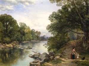 A Mother And Child On A Path By A River by Thomas Creswick