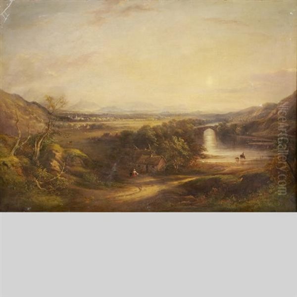 Travellers In An Extensive Landscape With Bridge And City View In The Distance - view 1