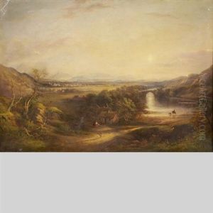 Travellers In An Extensive Landscape With Bridge And City View In The Distance by Thomas Creswick