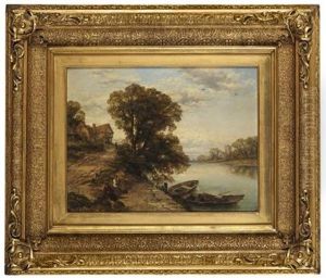 Mending Eelpots; River Landscape With River And Bridge (pair) by Thomas Creswick