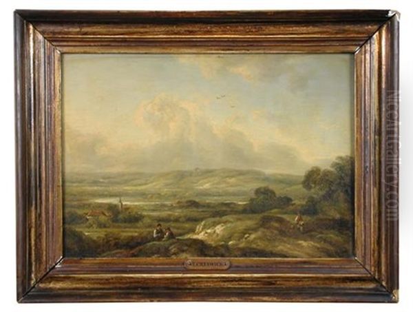 Landscape With Shepherds Sitting On A Knoll With A Church And Lake In The Background - view 1