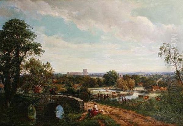 Travelers On A Bridge With A Landscape Beyond - view 1