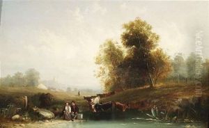 Englische Weidelandschaft Mit Einer Rinderherde. An Einer Furt Ein Rastendes Bauernpaar