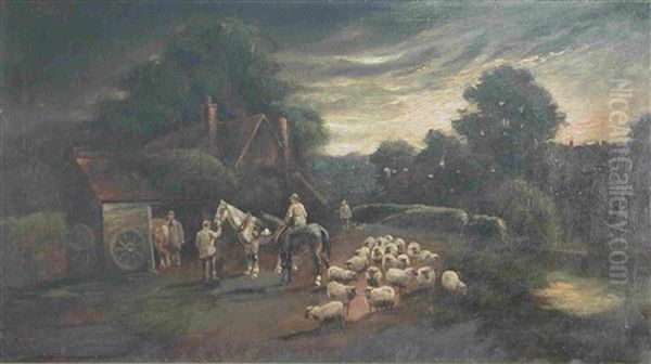 Figures, Horses And Sheep By A Cottage - view 1