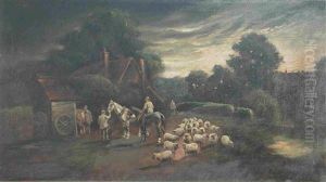 Figures, Horses And Sheep By A Cottage