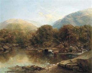 Afternoon: Cattle Watering By A Lake In A Mountainous Wooded Landscape