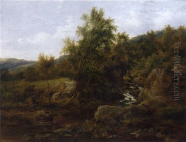 A Mother And Daughter On Stepping Stones Over A River - view 1