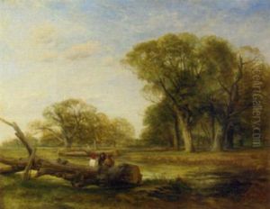 Men Resting By A Felled Trunk In A Park Landscape