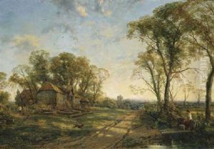 View Of Surrey, With Figures And A Dog By A Barn, A Church Tower Beyond