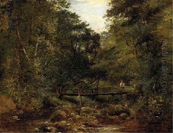 An Angler On A Footbridge In A Wooded Landscape - view 1