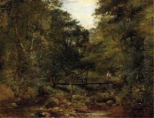 An Angler On A Footbridge In A Wooded Landscape by Thomas Creswick