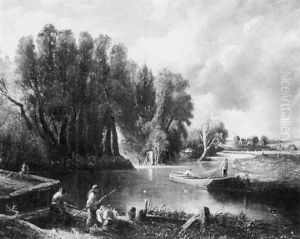 River Landscape With Fishermen And Work Boat by Thomas Creswick
