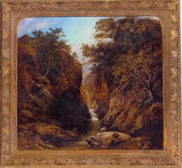 An Angler Fishing In A Woodland Gorge - view 1