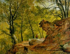 A Woman And Her Dog On A Wooden Path Near Matlock, Derbyshire by Thomas Creswick