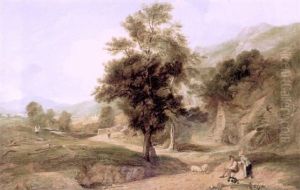 Figures Before An Overshot Watermill In A Wooded Lakeland Landscape by Thomas Creswick