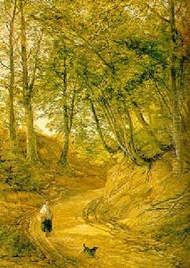 Girl And Dog On A Wooded Path by Thomas Creswick