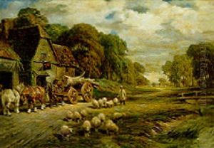 A Logging Cart And A Shepherd And Flock Before An Inn, In A Wooded River Landscape by Thomas Creswick