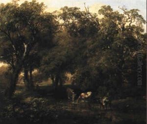 A Wooded Landscape With Cattle Watering by Thomas Creswick
