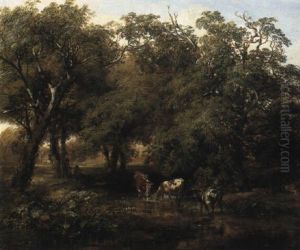 Wooded Landscape With Cattle Watering by Thomas Creswick