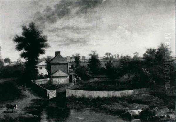 Cattle Watering At A Pond, A Farmstead Beyond - view 1