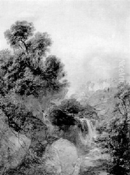 Wooded Landscape With Waterfall - view 1