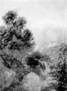 Wooded Landscape With Waterfall by Thomas Creswick
