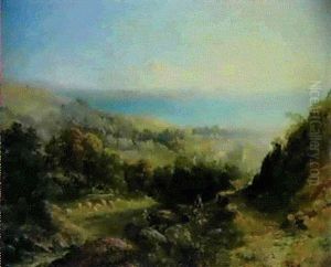 Figures On A Rocky Path Overlooking Poole Harbour by Thomas Creswick