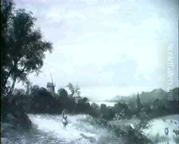 A Countrywoman On A Lane In An Estensive Wooded Landscape With A Windmill And A Church - view 1