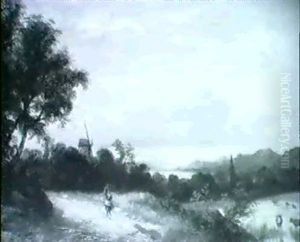 A Countrywoman On A Lane In An Estensive Wooded Landscape With A Windmill And A Church by Thomas Creswick