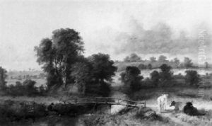 A River Landscape With An Angler By A Bridge With Cattle On A Bank by Thomas Creswick